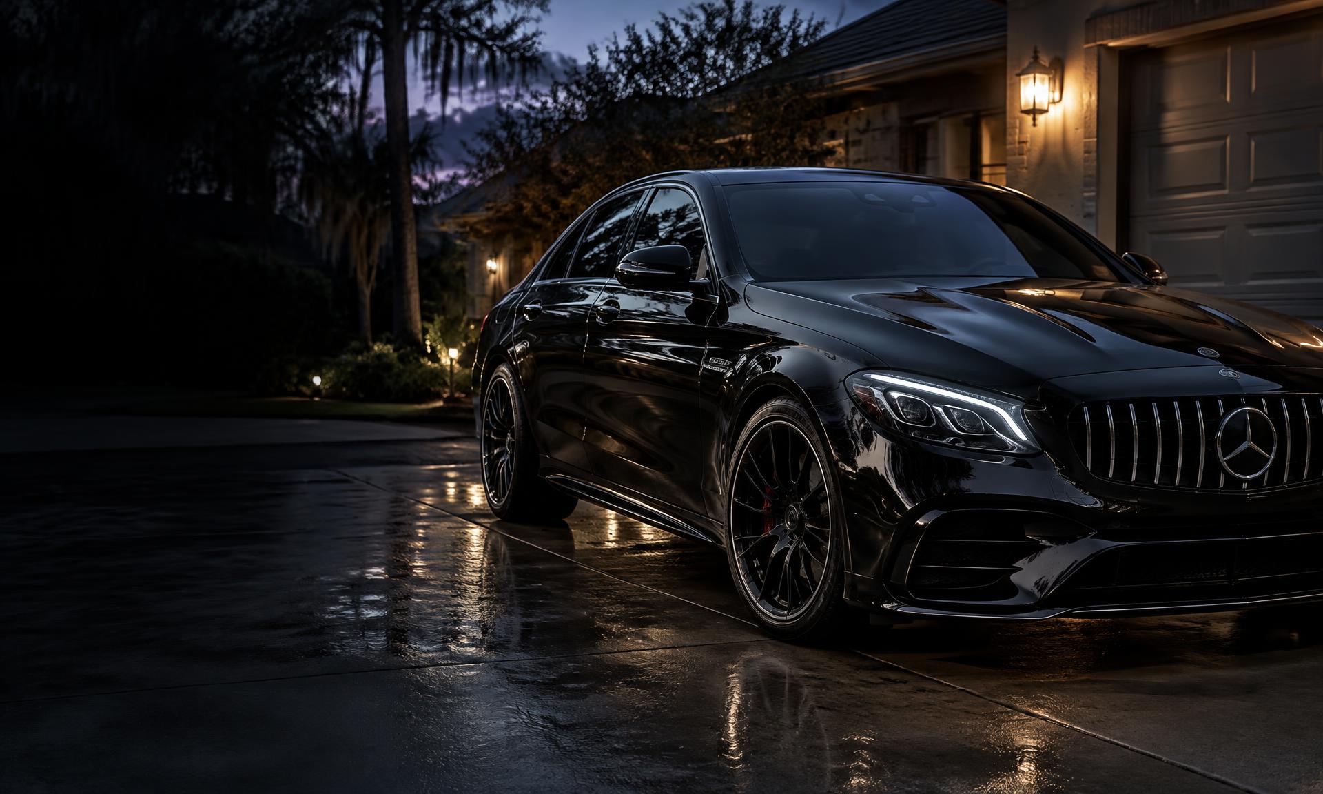 Glossy black detailed sedan in a driveway